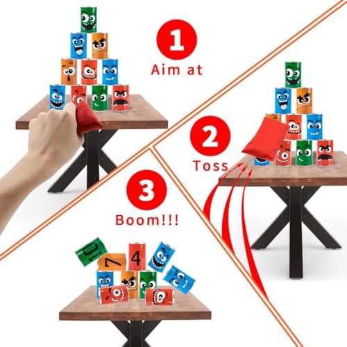 Bean Bag Toss Game for Kids Outdoor Indoor Family Fun, Knockdown Tin Can Alley Game for Holiday Birthday Party Games - 10 Funny Face Cans and 3 Beanbags
