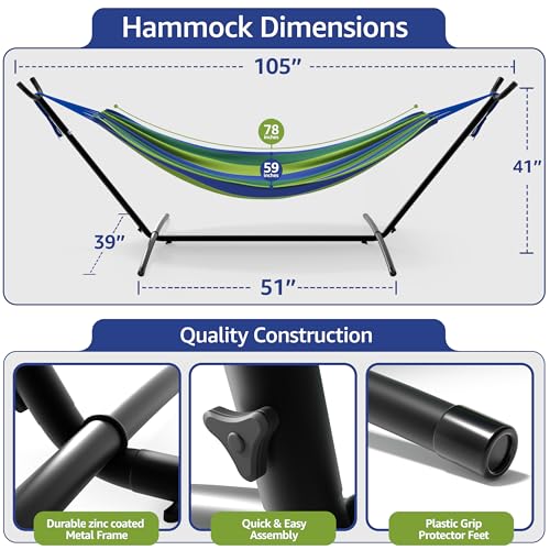 Sorbus 2-Person Hammock with Stand – 60" Cotton Blend Bed, Heavy Duty 450lbs Capacity, Portable with Carrying Case – for Garden, Patio, Outdoor, Camping, Gifts – Washable - color: Blue/Green