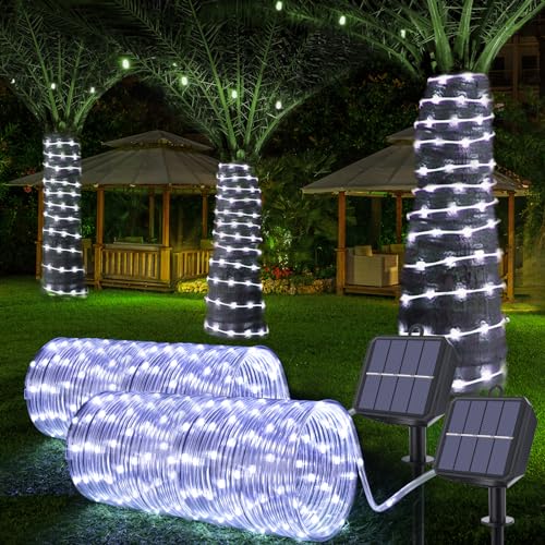Solar Rope Lights, 2 Pack Total 132ft 400LED Solar String Lights, 8 Modes Waterproof Solar Powered Outdoor Light, Flexible Clear Tube Light for Garden Backyard Patio Deck Porch Pool Tree Decor - White - color: White, size: 2*66ft