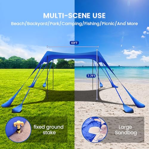 besuhot Beach Tent Sun Shelter 10x10FT Beach Shade Canopy with 8 Sandbags, UPF 50+ Protection Beach Shade Canopy, Outdoor Tent for Beach Camping Trips, Fishing, Backyard - color: Dark Blue