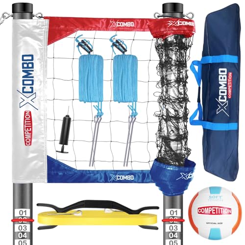 Professional Volleyball Net Set Heavy Duty for Outdoor Backyard Portable with Aluminum Adjustable Height Scoring Poles, Regulation Nets System for Tournament, Grass - color: Red and Blue