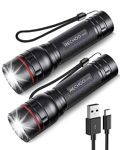 RECHOO Rechargeable Flashlights High Lumens, 2 Pack G1000 Super Bright Flash Light, Small Led Tactical Flashlight with 3 Lighting Modes, Portable Flashlights for Camping Home (Battery Included) - color: Black, size: 2 Pack
