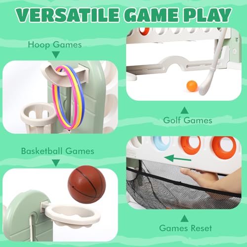 Giant 4-in-A-Row Connect Game Set, Adjustable Height Jumbo Yard Game with Golf, Basketball Hoop, Ring Toss & Mesh Pocket, Indoor & Outdoor Yard Connect Game for Kids Adults Family - color: Green