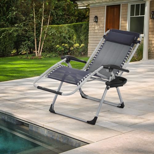 MoNiBloom Stable Folding Chair Outdoor Lounge Chair Beach Pool Lawn Recliner Sunbathing Chair, with Detachable Soft Cushion, Pillow and Side Tray, 330lbs Capacity Blue - color: Blue, size: Standard 1-Pack