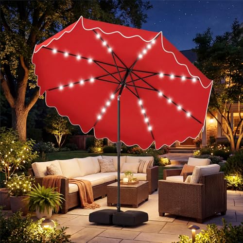 Tangkula 10 FT Solar Patio Umbrella with Base Included, 2-Tiers Outdoor Scalloped Table Umbrella with 32 LED Lights, 2 Sandbags, Tilt Adjustment, Crank, 8 Ribs for Market Backyard Pool Deck Beach Lawn (Red, 10 FT) - color: Red, size: 10 FT