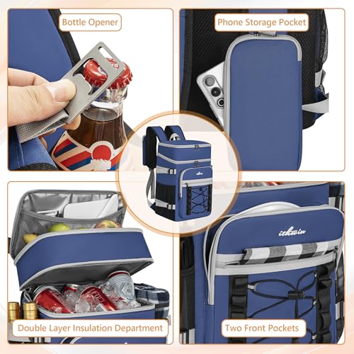 Cooler Backpack, 40 Cans Insulated Lunch Backpack Picnic Backpack for Men&Women, Durable Cooler Bag with 2 Leak Proof Compartments for Picnic, BBQ Camping, Lunch, Beach, Hiking, Blue - color: Blue