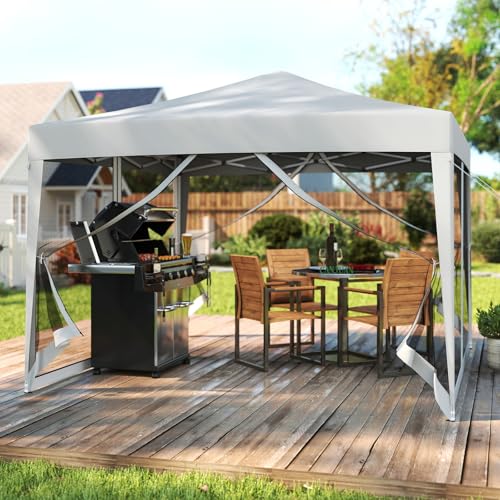 Tangkula 10x10 Ft Pop Up Canopy with Netting, Easy Up Outdoor Tent with Mesh Sidewalls, Carrying Bag, Adjustable Height, Portable Canopy Tent for Parties Events Camping Travel - color: Gray