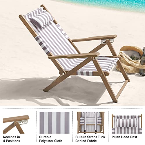 Lavish Home Beach Chair - Outdoor Weather-Resistant Wood Folding Chair with Backpack Straps - 4-Position Reclining Seat - Beach Essentials (Taupe Stripe) - color: Taupe Stripe, style: Set of 1