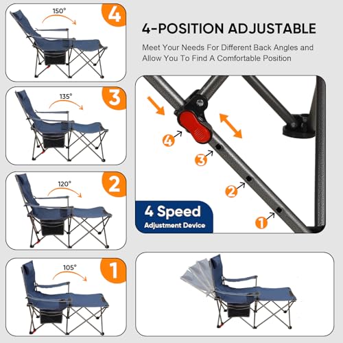 Colorsoul Reclining Camping Chair w/Foot Rest, Adjustable 90°- 135° Lounge Beach Chair for Adults, Heavy Duty Outdoor Folding Chairs w/Padded Pillow, Cup Holder, for Patio Beach, Supports 350lbs,Blue