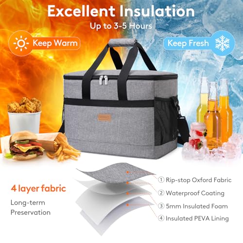 Lifewit Cooler Bag 30/50/60 Cans Collapsible and Insulated Large Lunch Bag Leakproof Soft Cooler Portable Tote for Camping/BBQ/Family Outdoor Activities - color: Gray, size: 50-Can(30L)