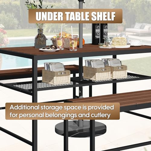 55'' Outdoor Picnic Table and Bench Set with 2" Umbrella Hole and Storage Shelf, Patio Dining Set for 6 People, Outdoor Dining Table and Chair for Garden Yard Porch- Brown