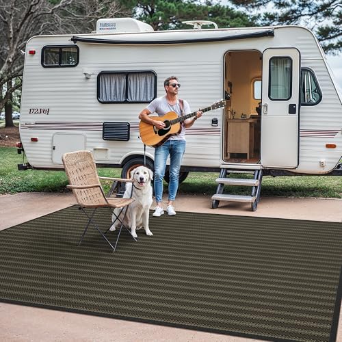 GENIMO Outdoor Rug 8x10 ft Waterproof, Reversible Plastic Straw Patio Rug for RV Camping Mat, Deck, Backyard Balcony Mat - Lightweight & Easy to Clean, Black & Brown - color: Blackbrown-w, size: 8' x 10' (Rectangular)