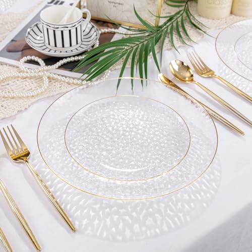 Rubtlamp 60Pcs Clear Plastic Plates,Clear Disposable Plates With Gold Rim,Heavy-duty Gold Plates,Hammered Party Plates Include 30Clear Dessert-Platos,30Dinner-Platos for Wedding, Party - color: Clear Gold
