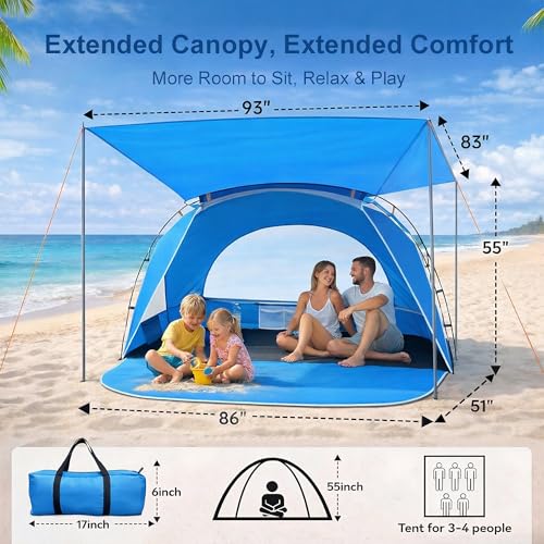 Beach Tent, Portable Sun Shelter for 2/3/4/6-8 Person with UPF 50+ UV Protection, Easy Setup Waterproof Beach Shade Canopy Cabana for Family Outdoor and Picnics, Fishing with Carrying Bag - color: Blue with Canopy, size: Standard 3-Person