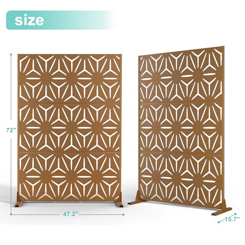 Modern Metal Privacy Screen, Patio Outdoor Privacy Panels with Stand, Freestanding Outdoor Divider for Yard, Deck＆Garden(71.3"*47.3"*15.7") - color: Brown,Star