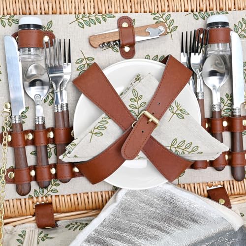 Picnic Basket with Blanket and Wine Pouch for 4, Wicker Picnic Set with Insulated Liner Cooler Bag Hamper for Camping,Wedding - Leaf - color: Leaf With Blanket for 4
