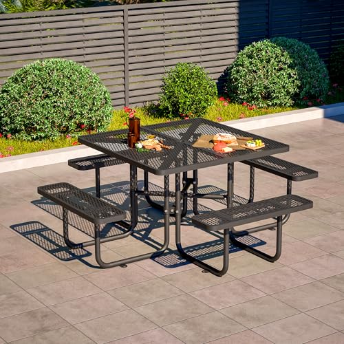 46" Square Metal Picnic Tables for Outdoors with Umbrella Hole - Coated Steel Heavy Duty Commercial Grade Table with Seats, Patio Furniture Set for a Lifetime, Black - color: Black-square