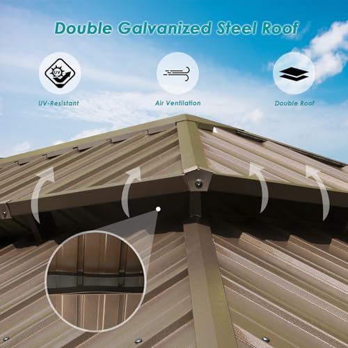 Domi 12' x 18' Hardtop Gazebo Permanent Metal Gazebo with Galvanized Steel Double Roof, Curtains and Netting for Party, Wedding, Outdoor Dining, Patio, Backyard, Brown - color: Brown, size: 12'×18' Double Roof