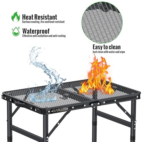 GARLLEN 2ft Folding Grill Table Max Capacity 66lbs, 3-Height Adjustable Folding Camping Table with Heat-Resistant Mesh Tabletop, Portable Aluminum Picnic Tables for BBQ, Outdoor, 22.8" L x 15.7" W - color: Black, size: Tabletop Size: 22.8"L x 15.7"W