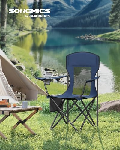 SONGMICS Breathable Camping Chairs, Foldable Outdoor Chairs Set of 2, High Back, Adjustable Armrests, Drink Holder, Weight Capacity 330 lb, for Sports Garden Backyard, Harbor Blue UGCB028Q01 - color: Blue, style: 2PC (20.3"D x 34"W x 38.2"H)