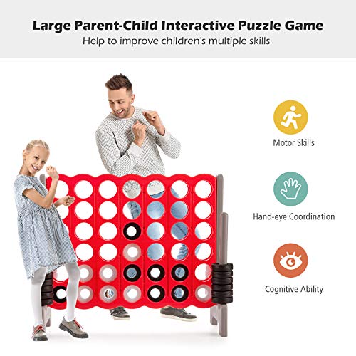 COSTWAY Jumbo 4-to-Score Giant Game Set, 4 in A Row for Kids and Adults, 3.5FT Tall Indoor & Outdoor Game Set with 42 Jumbo Rings & Quick-Release Slider, Perfect for Holiday Party & Family Game - color: Brown