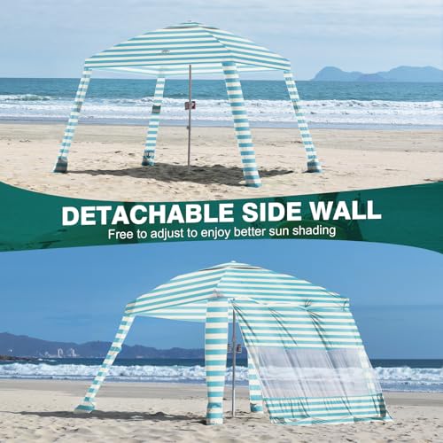 Rhino Valley Beach Cabana, 8 * 8FT Beach Tent UPF50+ Protection, Easy Setup Beach Canopy Wind Resistant with Cup Holder, Compact Beach Shade Foldable Beach Tent Sun Shelter, Light Blue Stripes - color: Light Blue Stripes