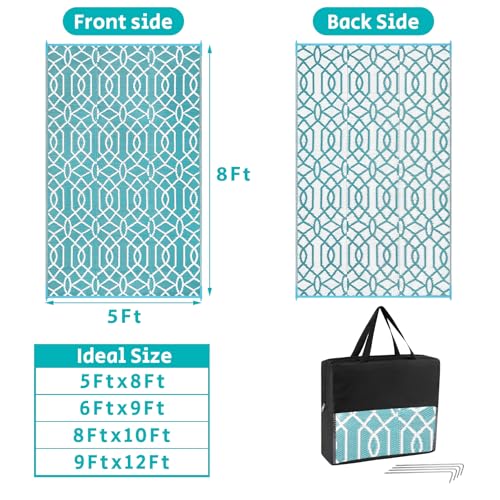 HEBE Outdoor Rug Waterproof 5x8, Reversible Plastic Straw Rug RV Camping Rug, Indoor Outdoor Patio Mat Clearance, Outside Carpet for Porch,Deck,Camper,Balcony,Backyard,Picnic - color: Line/Teal, size: 5' x 8' (Rectangular)