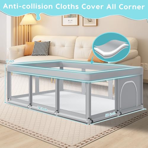 Fshibila 74" ×50" Large Baby Playpen, Baby Playard for Babies and Toddlers, Baby Fence Play Pens for Indoor & Outdoor, Sturdy Safety Play Yard with Soft Breathable Mesh, Anti-Fall, Grey - color: Grey, size: 74 x 50 IN