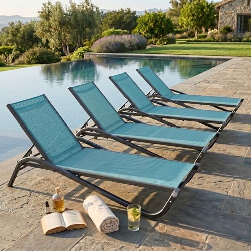 Patio Chaise Lounge Chairs Set of 4, All-Weather Aluminum Pool Loungers for Outside, 5-Position Adjustable Sunbathing Chairs for Tanning, Stackable for Backyard, Poolside, Sky Blue - color: Sky Blue, size: Set of 4