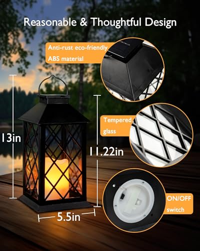 Homemory Solar Lanterns Outdoor Waterproof Hanging with Flickering Flameless Candles, 2 Pack 13'' Garden Outdoor Lantern Decorative for Patio Front Porch Backyard Balcony Cabin Outside Table(Black) - style: Black