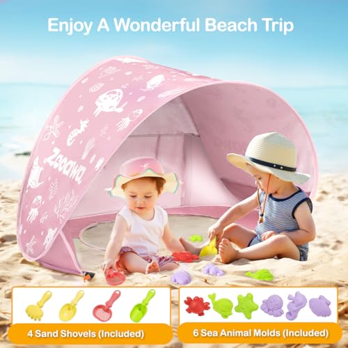 Baby Beach Tent, Pop Up Beach Tent Sun Shade for Beach, Portable Shade Pool UV Protection Sun Shelter for Infant with Beach Sand Toys Set - color: Light Pink