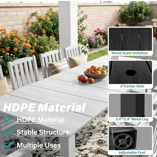 11-Piece Patio Dining Set, Outdoor Dining Set for 10, HDPE All-Weather Outdoor Furniture with 89.57” Umbrella Hole Table, 2 Armchairs & 8 Armless Chairs, White - color: White, size: 2 Armchairs & 8 Armless Chairs