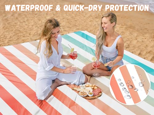 AlphaBeing Beach Blanket Waterproof Sandproof, Extra Large Beach Mat for 1–8 Adults, Oversized Picnic Blanket with 4 Stakes & Storage Bag, Essential Beach Gear for Travel - color: Coralstripes, size: 79“×83”