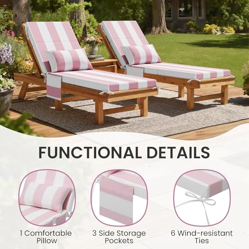 Crestlive Products Foldable Outdoor Chaise Lounge Cushions with Head Pillow and Side Pockets, Water Resistant & Fade Resistant Lounge Chair Cushion, 72''L x 21''W, Set of 2, Pink Stripe - color: Stripe|pink&white, size: 72"l X 21"w