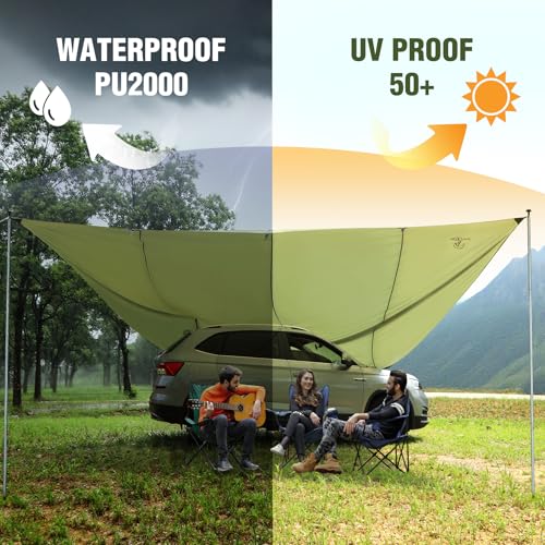 REDCAMP Large 19ft x17ft Car Awning for SUV with 2 Tarp Poles & 2 Suction Cup Hooks, Waterproof UV Protection Sun Shade Vehicle Awning Shelter Tarp for Camping, Truck, Van, Tailgate Canopy