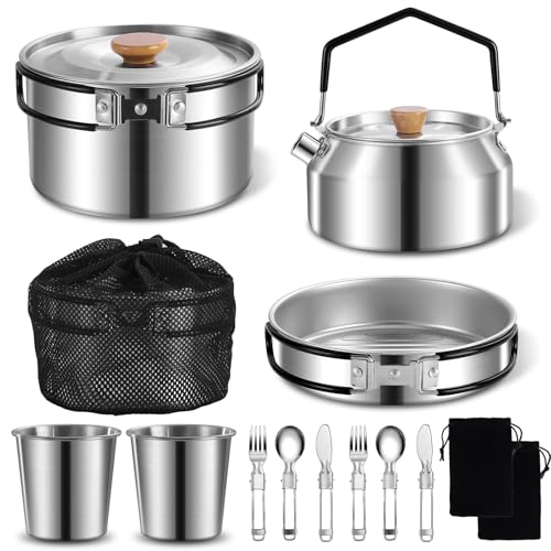 12pcs Outdoor Camping Cookware Kit, Lightweight Stainless Steel Kettle, Non-Stick Pot and pan, with Fork Spoon Kits Suitable for picnics and Backpacking Trips