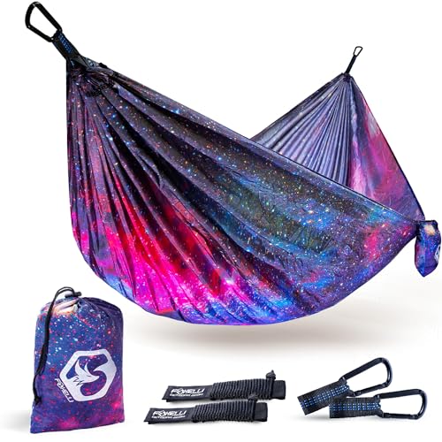Foxelli Camping Hammock – Ultralight Hammock for Backpacking, Hiking, Festivals, Travel - Easy Setup with Tree-Friendly Ropes & Steel Carabiners, Heavy Duty Parachute Nylon - color: Universe