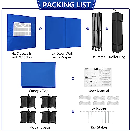 COBIZI 10x20 Heavy Duty Pop Up Canopy Tent with 6 Sidewalls Thicken Frame, Commercial Easy Up Outdoor Wedding Party Tents, All Season Waterproof Windproof with Stakes Sandbags Ropes Roller Bag, Blue - color: Blue, size: 10x20