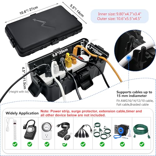 Hrensaw Medium Outdoor Electrical Box(10.6x5.5x4.5inch),IP54 Waterproof Extension Cord Cover w/6 Cable Entry,Weatherproof Connection Box Protect Power Strip,Timer,Plug,Holiday Lights,Black - color: Black, size: Medium