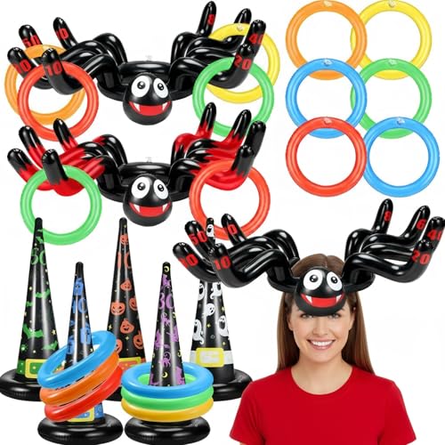 Jenaai 25 Pcs Halloween Ring Toss Game Include 5 Inflatable Witch Hat, 18 Plastic Rings for Ring Toss, 2 Inflatable Spider with Air Pump for Halloween Indoor Outdoor Carnival Party Supplies