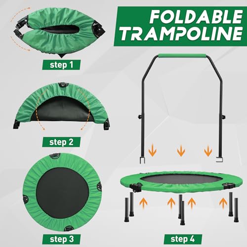 HYD-Parts 40" 48" Mini Trampoline for Adults and Kids Exercise Rebounder with Adjustable Bar Fitness Trampoline Indoor Max Load 330 440lbs - color: Green-40in