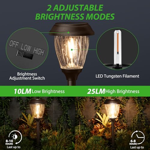 XMCOSY+ Solar Lights Pathway Outdoor - 2 LED Modes 10/25 LM Solar Powered Yard Garden Lighting, Waterproof IP65 Glass Stainless Steel Landscape Lights for Driveway Walkway Sidewalk Decor (Warm White) - color: Brown