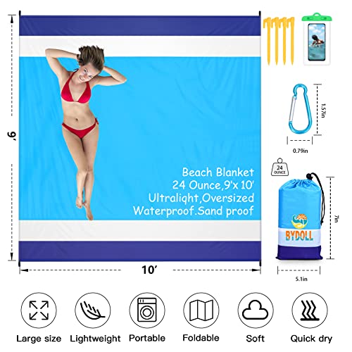BYDOLL Beach Blanket 10'X9' Waterproof Sandproof Suits1-8 Adults Oversized Lightweight Large Blanket Picnic Mat for Beach Sand Free Travel Camping Hiking Picnic - color: Blue White, size: 10'X9'