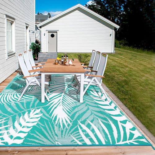 HiiARug Outdoor Rug 5x7 ft, Reversible Waterproof Plastic Straw Patio Rugs, RV Mat for Outside Quick Dry Carpet for Deck Porch Poolside Beach Camper Backyard - color: Teal Blue, size: 5' x 7' (Rectangular)