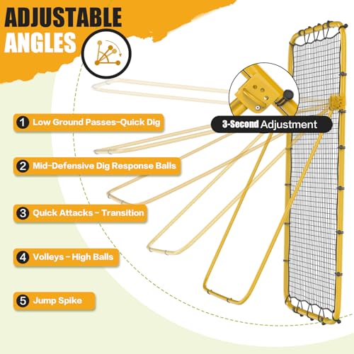 Volleyball Rebounder Net 7x4 Ft, 5-Angle Adjustable Rebounder Net for Practicing Digging, Setting, Spiking, Bounce Back Training Equipment with 2 Target Stripes & Portable Travel Bag for Storage - color: NET101-Yellow