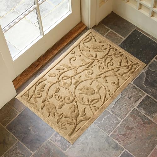 Boho Beige Floral Leaves Outdoor Indoor Entrance Doormats, Absorbent Durable Heavy Duty Welcome Front Door Mat,Thick Natural Rubber Back,Easy Clean Entryway Mat 23x35 Inch, Low Profile - color: Tulip-beige, size: 1'11" x 2'11" (Rectangular)