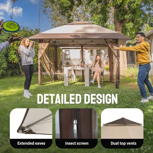 CROWN SHADES 13x13 Pop Up Gazebo, Canopy Tent, Gazebos on Clearance - Outdoor Gazebo for Backyard & Patio Furniture - Carpa Pop Up Tent with Wheeled STO-N-Go Cover Bag (Beige & Coffee) - color: Beige & Coffee, size: 13x13