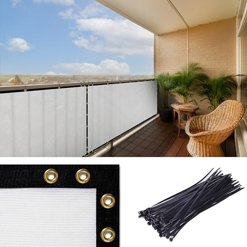 ColourTree Customized Size White 3' x 1' Balcony Privacy Screen, Apartment Porch Railing Patio Fence Windscreen Fabric Cloth - Commercial Grade 170 GSM - 3 Years Warranty & Cable Zip Ties Included - color: White, size: 3' x 1' Custom Size