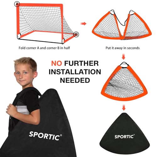 2 Pack 4' x 3' Soccer Goal Net Set, Pop Up Kids Practice Soccer Goals for Indoor and Outdoor.Portable Soccer Net with Carrying Bag & Ground Pegs, Perfect for Backyard, Field, Court - color: Orange