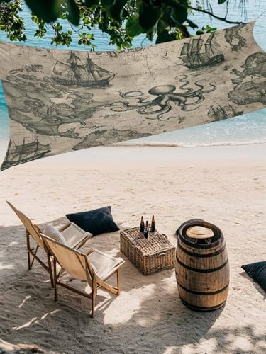 Retro Medieval Sun Shade Sail 6.5' x 10' Map Octopus Nautical Waterproof Sun Shade Rectangle UV Block Canopy Awning Outdoor Sunshade for Patio Porch Pergola Deck Backyard Garden - color: Khaki Gray, size: 6.5' x 10'
